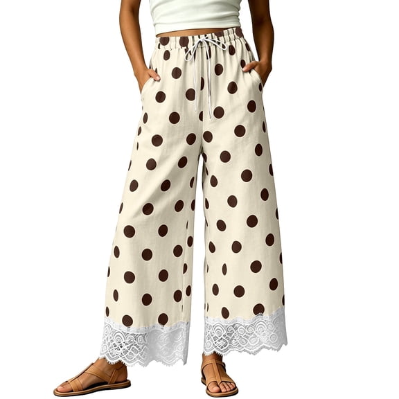 Ayolanni Lace Pants for Women High Waist Flowy Polka Dots Wide Leg Pants Travel Beige Beach Drawstring Palazzo Trousers with Pockets L