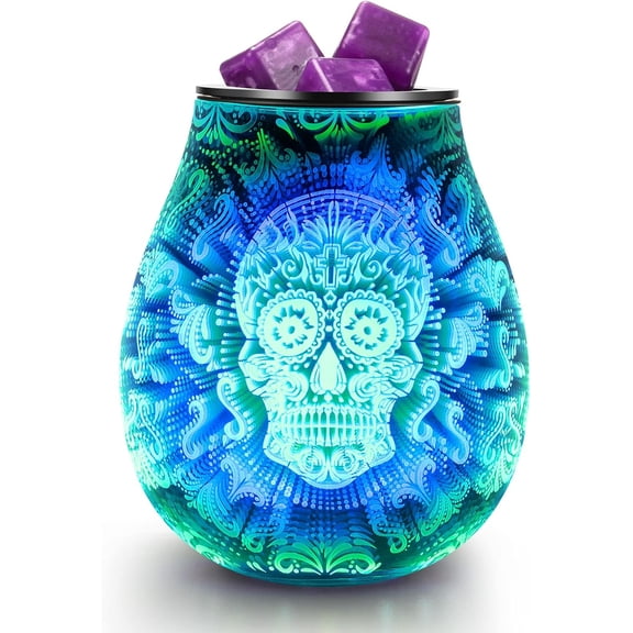 Skull Halloween 3D Glass Electric Wax Melt Warmer Oil Burner with 7 Colour Cycle Changing LED Light PTC Heating Removable Silicone Tray Aroma Fragrance Lamp Gift Present…