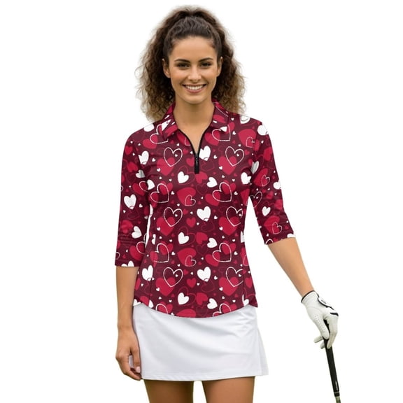 Uorisanigo Valentine's Day Heart Women's 3/4 Sleeve Athletic Golf Shirts Quarter Zip Quick Dry Athletic Polo Shirts Comfortable Polyester Spandex Fabric Outing Wear Tennis Tops