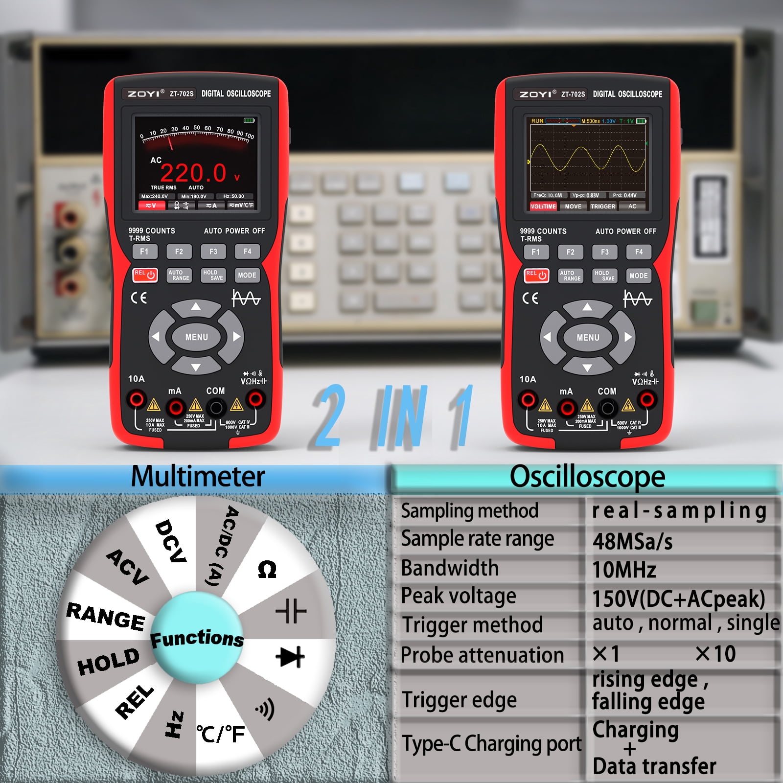 702S 2 n 1 oscilloscope multimeter, 10MHz Bandwidth, 48MSa/s Sampling, 2.8" IPS Display, USB Type-C Rechargeable, 9999 Counts T-RMS for Voltage and Waveform Testing