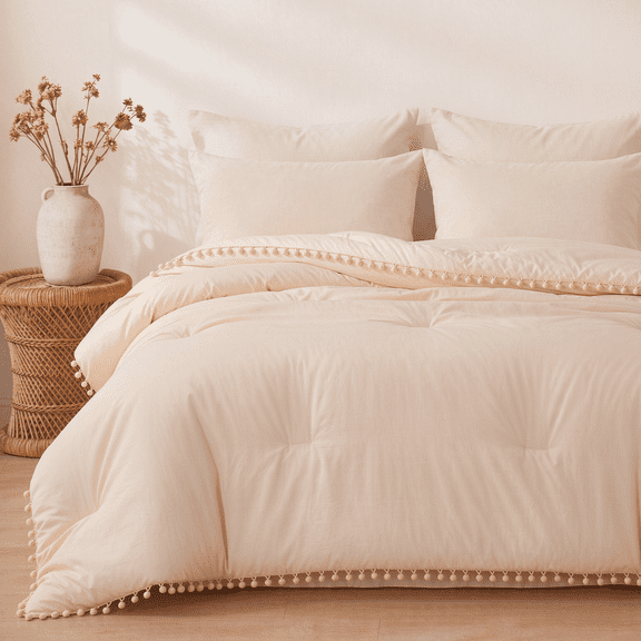 Exclusivo Mezcla Boho Pom Pom Ball Fringe King Size Comforter Set, 3 Pieces Beige Lightweight Down Alternative Bedding Comforter Sets for All Seasons (1 Comforter and 2 Pillowcases)