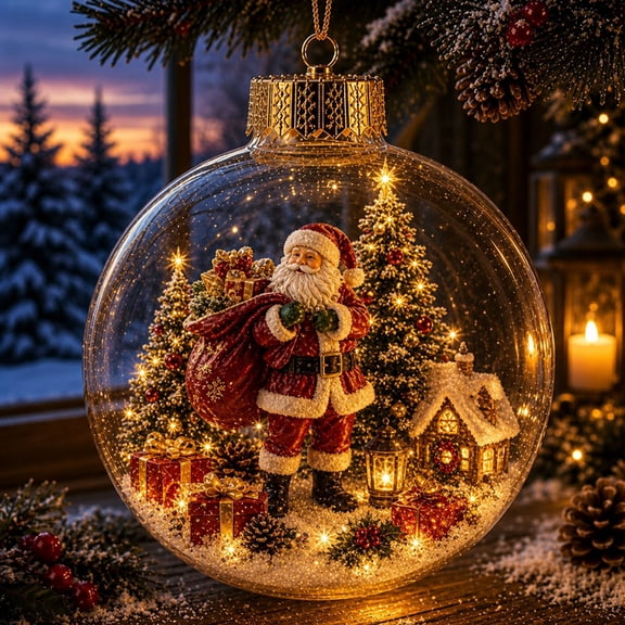 Glowing Christmas Story Ornament, Santa Beside A Decorated Tree Acrylic Diorama Clear Ball, Light Up Christmas Tree Ornament for Holiday Decor
