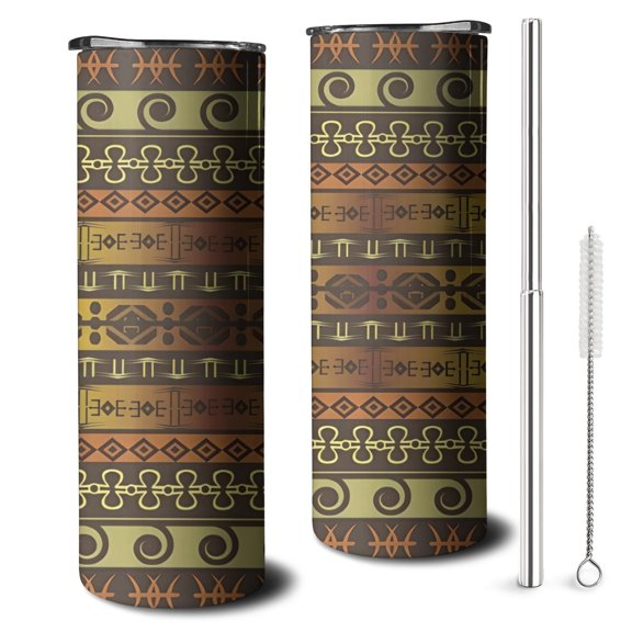 20oz Boho Golden Ethnic Pattern Skinny Tumblers Stainless Steel Tumbler with Lid and Straw,Vacuum Insulated Double Wall Travel Tumbler Cups with Cleaning Brush for Coffee,Tea