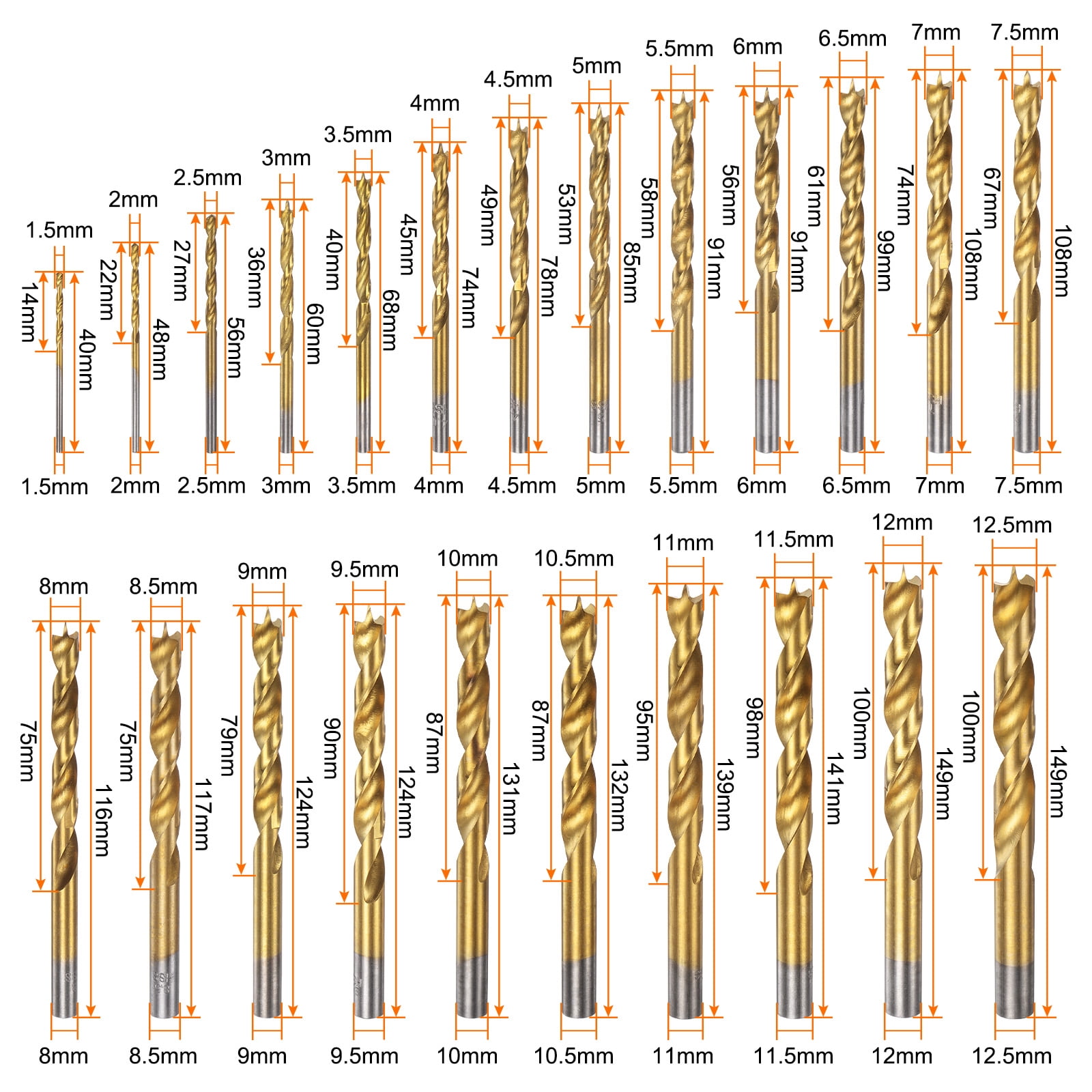 Uxcell Brad Point Drill Bit Set  1.5mm-12.5mm Dia HSS4241 Golden 23in1 Set