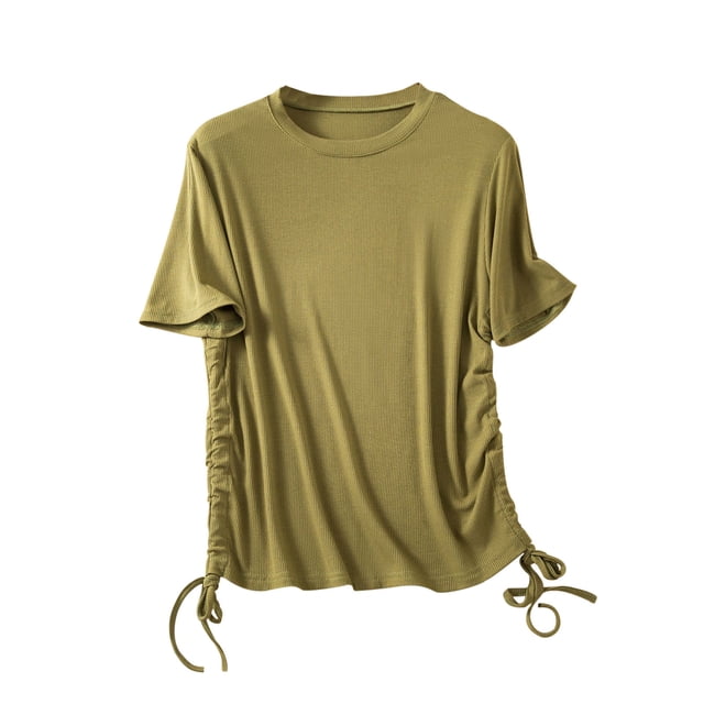 Birdeem Womens Solid Round Neck Threaded Cotton Slim Fitting Drawstring Top Short Sleeved Round Neck Top/Shirt