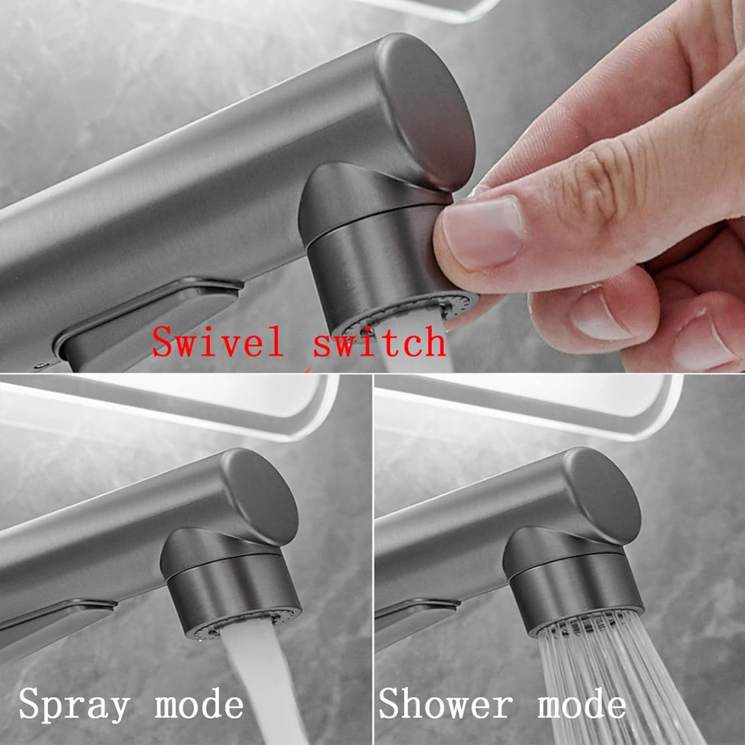 Bathroom Faucet with Pull Out Sprayer,Brass Bathroom Sink Faucet,3 Modes Bathroom Pull Out Faucet,Bathroom Faucet Single Handle,Basin Faucet for Hot and Cold Water,Gun Gray