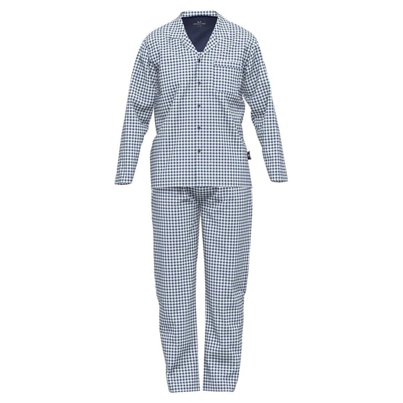 GÖTZBURG Pijama de Hombre - Ropa de Dormir, Pijama, Algodón, Cinta de Botones, a cuadros, largo Azul/Blanco S (Small)