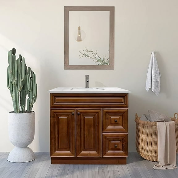 36" Shaker Bathroom Vanity Sink Base with Drawers (Ready-to-Assemble), Maple Walnut Vanity Base