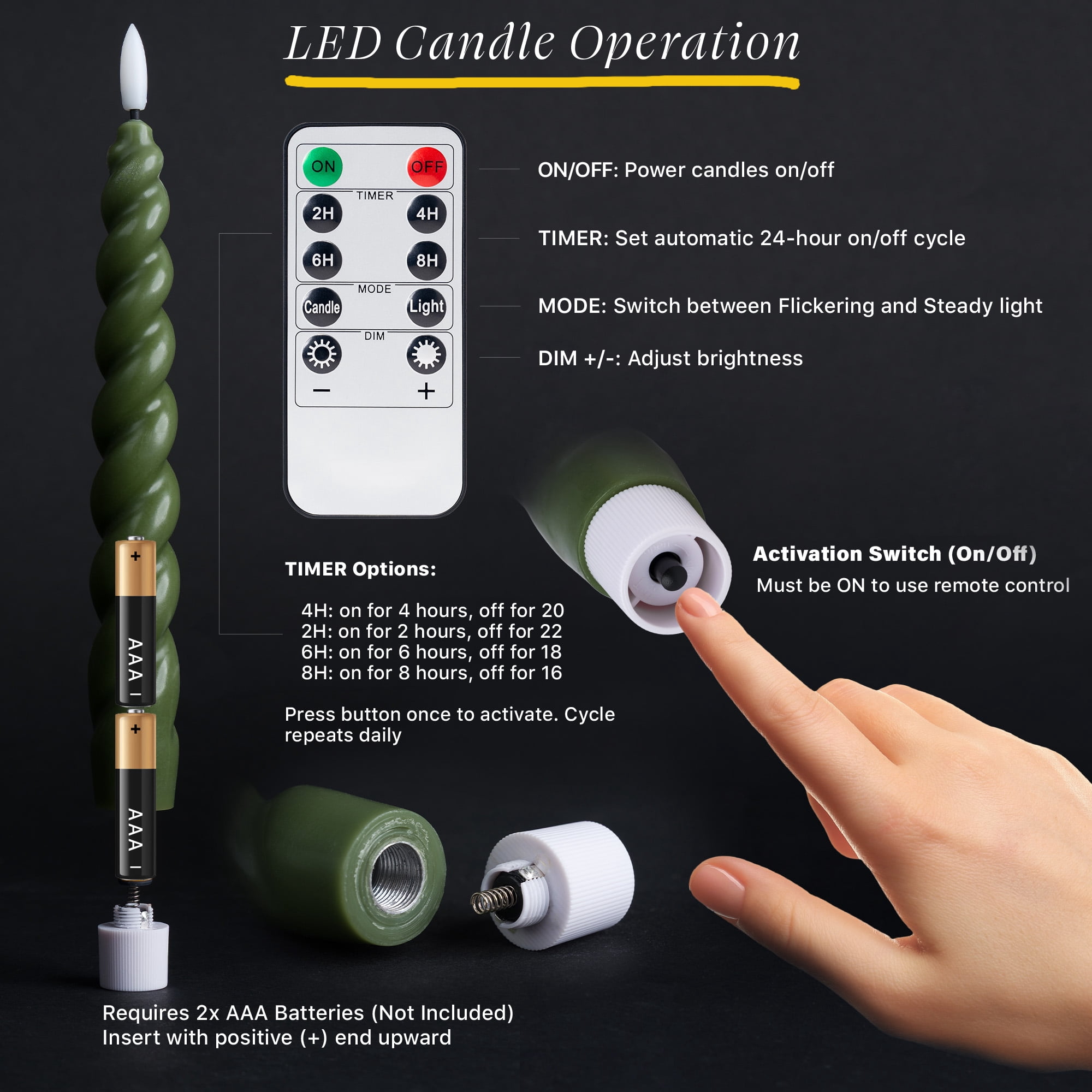 WYZworks 10" Flameless LED Taper Candles – Full Twisted Spiral – Loden Green, Set of 2 – Remote, 2/4/6/8-Hr Timer (24-hr Memory), Bottom On/Off Button, Dimmable, Battery Operated, Flicker/Steady
