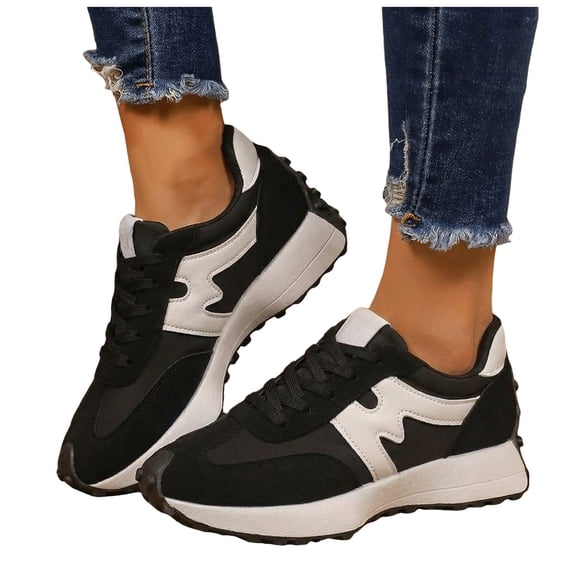 Rokment Women's Orthopedic Platform Running Walking Shoes Comfortable Vintage Casual Color Block Suede Flatform Mid Heel Tennis Skate Fashion Sneakers Spring Fall Black Size 6.5