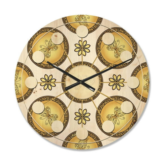 Designart 'Browne and Gold pattern with gradient vintage circles' Mid-Century Modern Wood Wall Clock