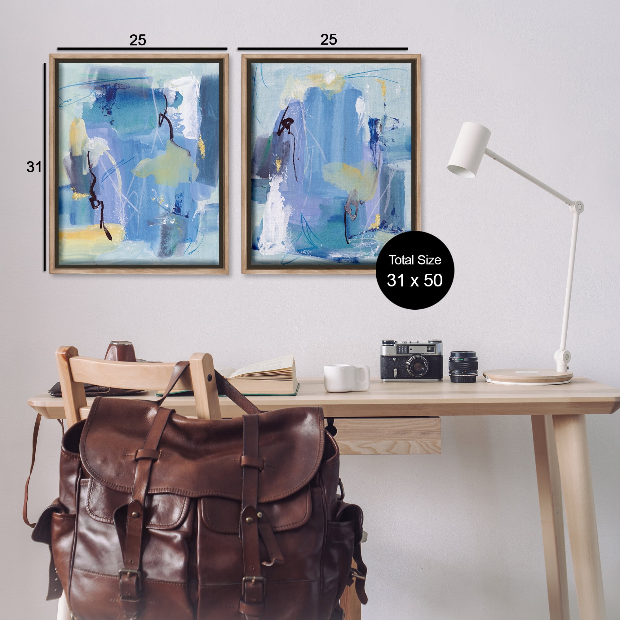 Stupell Industries Blue Abstract with Yellow Abstract Painting Brown Floater Framed Canvas Art Print Wall Art, 31 x 25, Set of 2