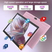 Tablet 10 Inch Android Tablets, 4GB RAM 64GB ROM 1TB Expand Quad-Core Processor Tableta Computer, 2MP+8MP Camera WiFi BT 10.1 in HD Display Tab, 6000mAh Long Battery Life Tablet PC, Pink