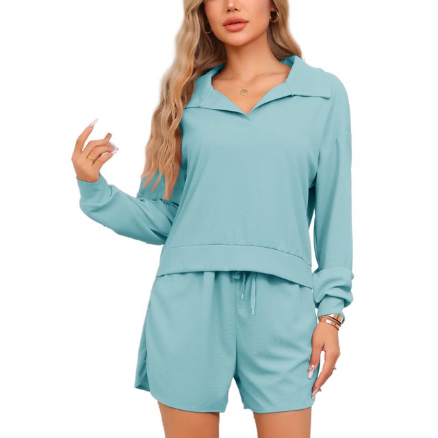 INSPIRAR CHIC Conjuntos de Pijamas para Mujeres de 2 Piezas, Conjuntos de Lounge de Tejido Waffle, Parte Superior de Manga Larga y Pantalones Cortos con Bolsillos XS Verde