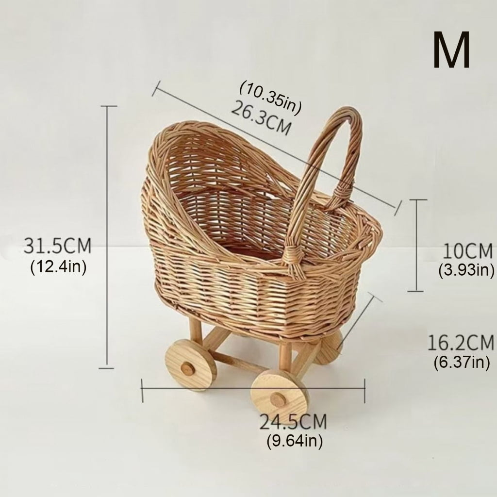 Zeiwohndc Rattan Stroller Shaped Flower Basket with Wheels Hand Woven Small Pushcart