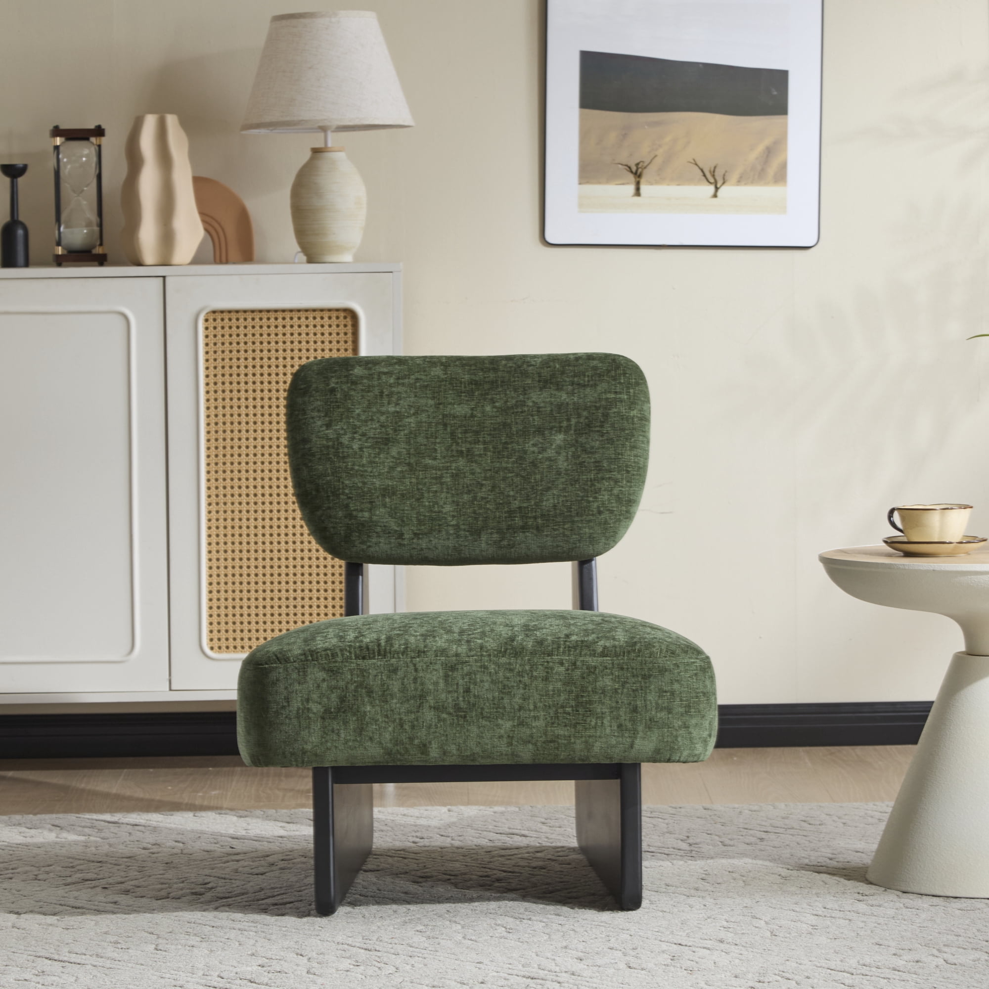 Leumius Set of 2 Modern Lounge Chair with Polyester Upholstery, Sturdy Wood Base With Walnut Finish, Minimalist and Stylish Accent Seating for Living Room Bedroom Office Black+Green