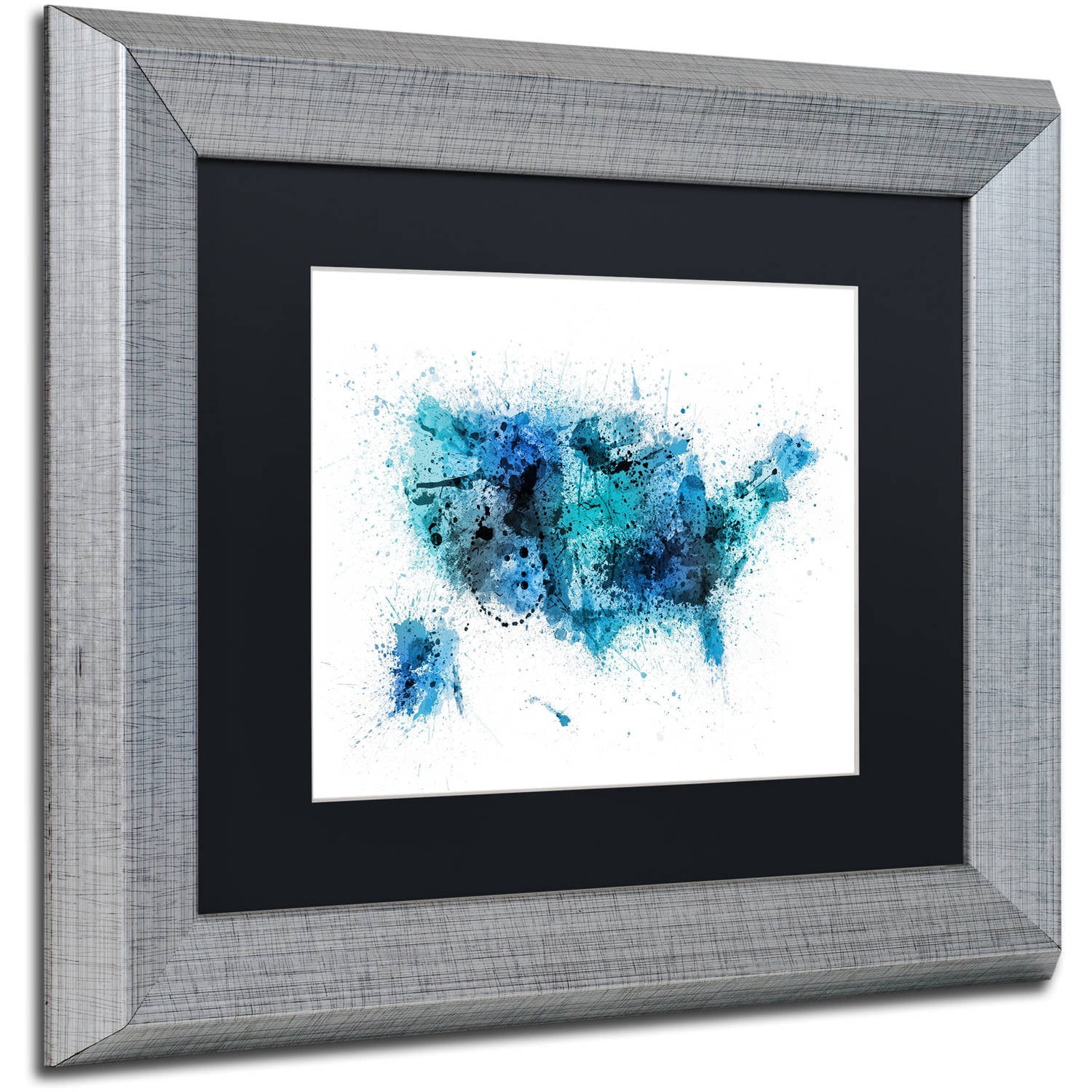 Trademark Fine Art "US Paint Splashes Map" Canvas Art by Michael Tompsett, Black Matte, Silver Frame