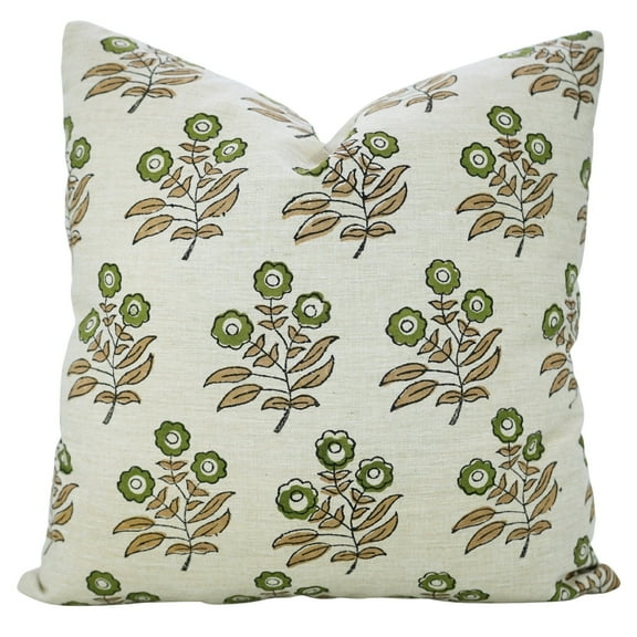 Fabdivine “Neha” Hand Block Printed Cushion – Green & Brown Floral Linen Blend Pillow Cover for Farmhouse Décor