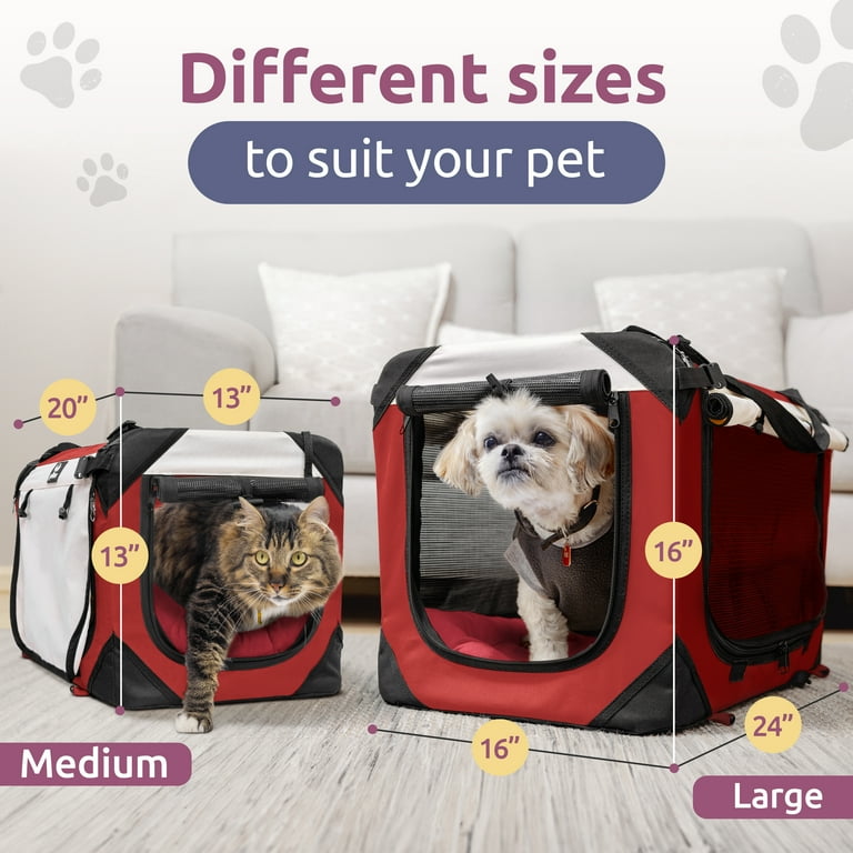 SM Red PetLuv Happy Cat Premium Cat Carrier Soft Sided Foldable Top Side Loading Pet Crate Carrier Locking Zippers Shoulder Straps Seat Belt