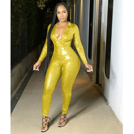 Jumpsuit Women Deep V Neck Jumpsuit Print Long Sleeve Package Hips Bodysuit Casual Jumpsuit Yellow Women S Polyester Jumpsuit S