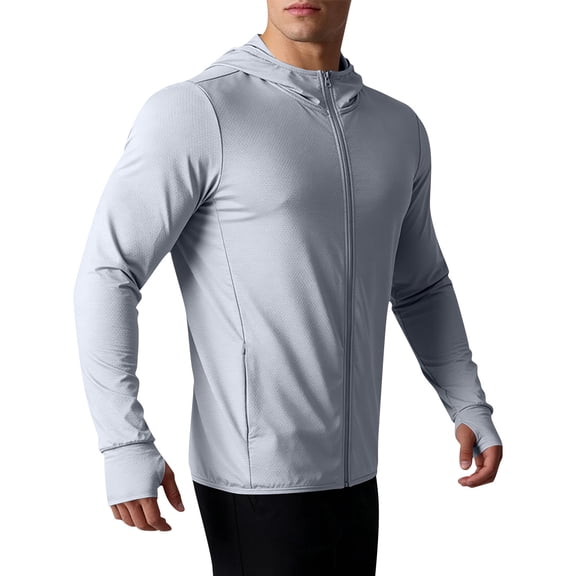 XUNKUSGA Jackets for Men Summer Classic Full Zip UPF 50 Sun Protection Hoodies for Men Lightweight Breathable Long Sleeve Mens Shirts with Thumbholes,Gray,M