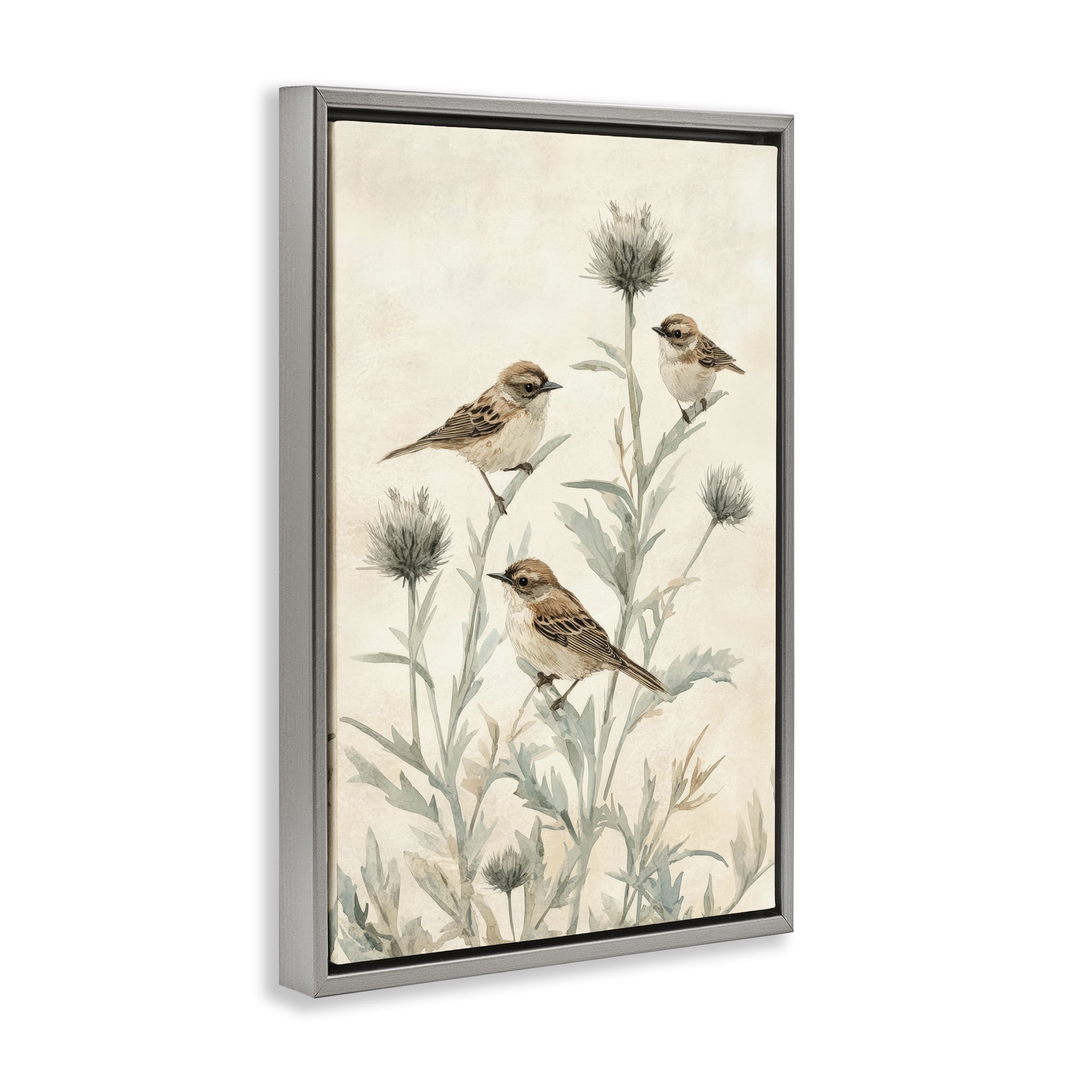 Stupell Industries Sparrows on Thistle Stems Gray Framed Floater Canvas Wall Art, design by Petal Prints Design