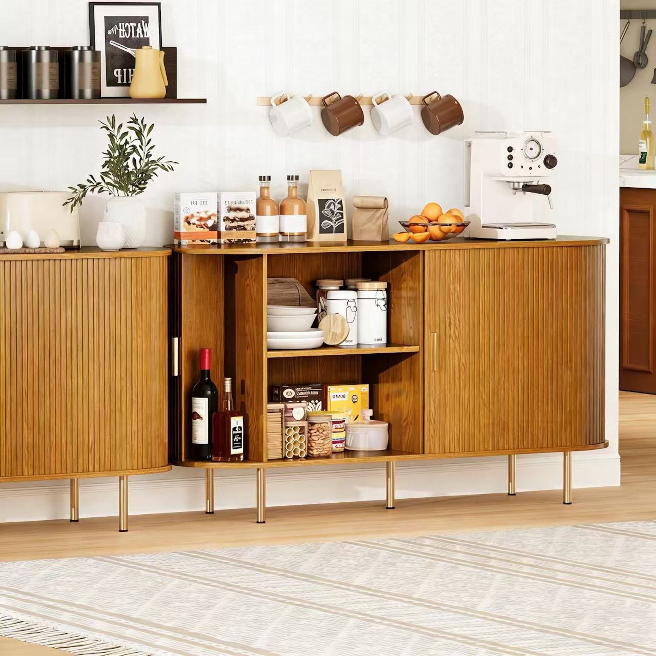 Aisword Sideboard Buffet Cabinet with Storage,Mid Century Modern Fluted Accent Coffee Bar Console Table,Tambour Sliding Doors& Adjustable Shelf for Kitchen, Living Room, Entryway, 55 Inch Yellow