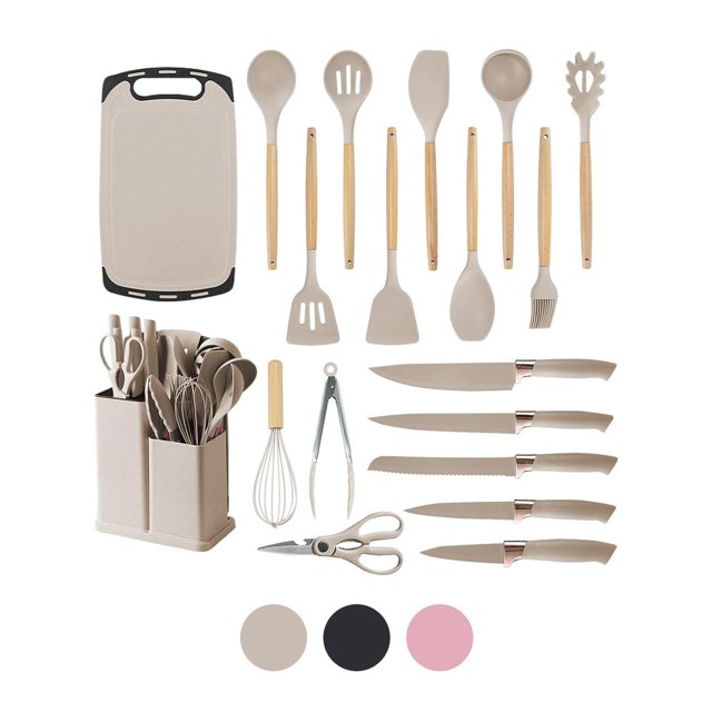Set De Utensilios Silicon 19 pzs OKAERI Cocina Espátulas Cucharas Silicona beige Grande