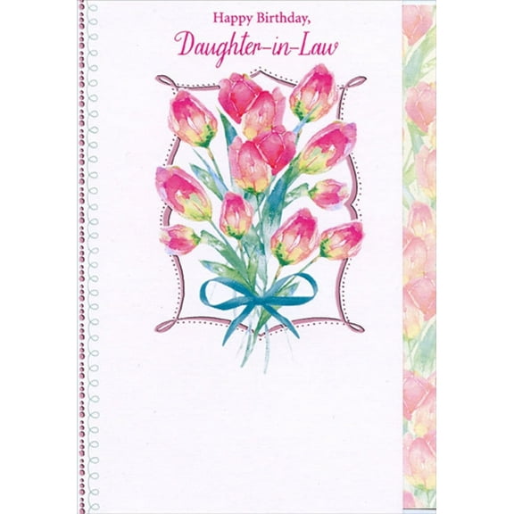 Designer Greetings Pink Flowers Inside Swirling Pink Foil Frame Short Fold Birthday Card for Daughter-in-Law