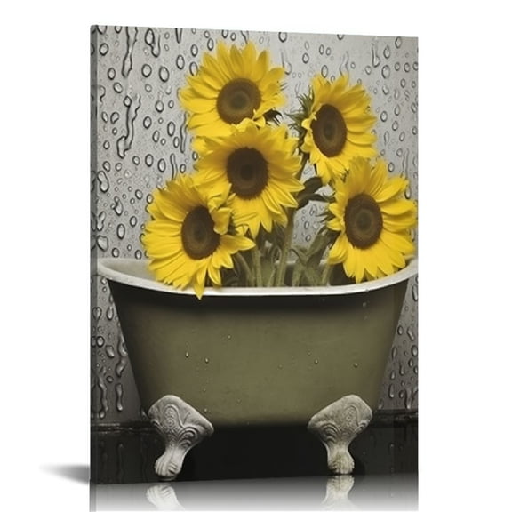 Acheng Yellow Gray Bathroom Framed Canvas Wall Art Sunflowers in Bathtub Wall Decor Modern Decorative Bath Home Decor Matted Floral Picture for Bedroom Living Room Ready to Hang 16x20 inches 12x16 in