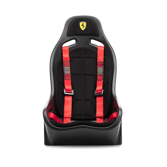NEXT LEVEL RACING Elite ES1 Scuderia Ferrari Edition black racing seat with red safety harness and Ferrari emblem on headrest.