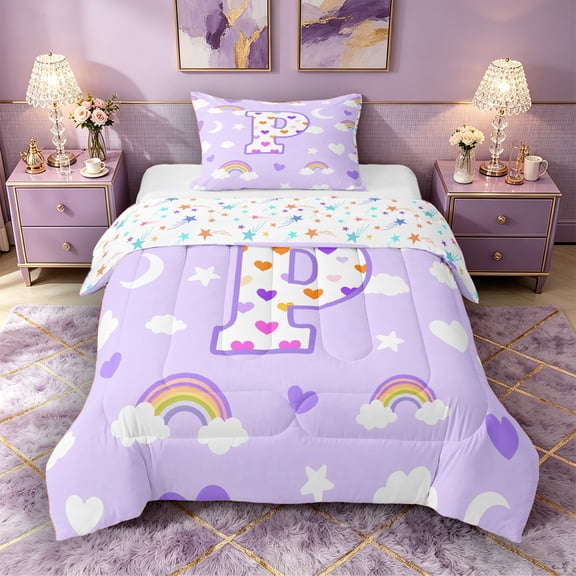 Castle Fairy Rainbow Letter P Twin Comforter Sets 3-Piece for Kids,Pastel Pattern Bedding Set for Girls