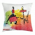 thumbnail image 1 of Fashion House Decor Throw Pillow Cushion Cover, Woman on Pink Motorcycle Trend Vogue in Paris Eiffel Tower Art Print, Decorative Square Accent Pillow Case, 18 X 18 Inches, Red Orange, by Ambesonne, 1 of 2