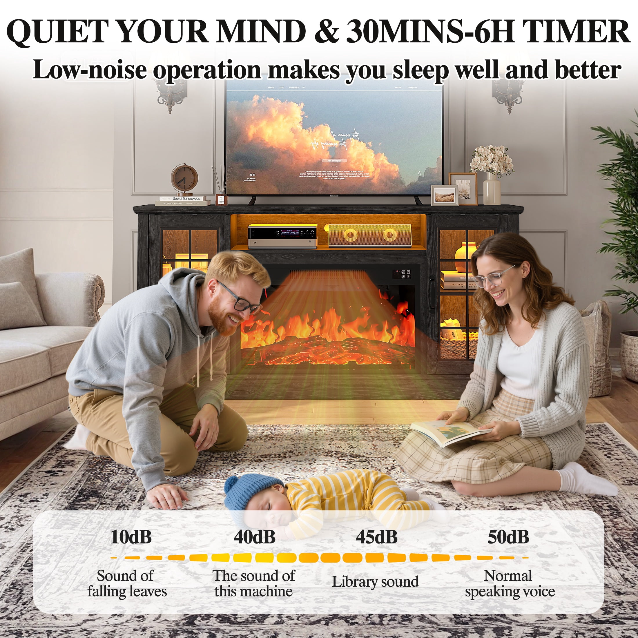 SYNGAR 63" Fireplace TV Stand for TVs up to 70" with 32" Electric Fireplace, Console Entertainment Center Television Table with LED for Living Room or Bedroom, Black