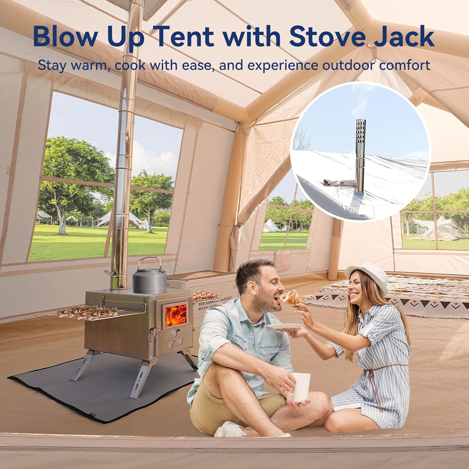 Slsy Inflatable Tents with Canopy for Camping, Blow Up Tent with Hand Pump, Easy Setup Inflatable Hot Tent with Stove Jack, Waterproof Oxford Air Glamping Tents for Camping Adult 8-10 Person