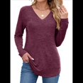 thumbnail image 2 of Camisetas de Larga para Mujer, Cuello en V, Suaves, Básicas, Holgadas, Informales, A Vino Tinto XL, 2 of 9