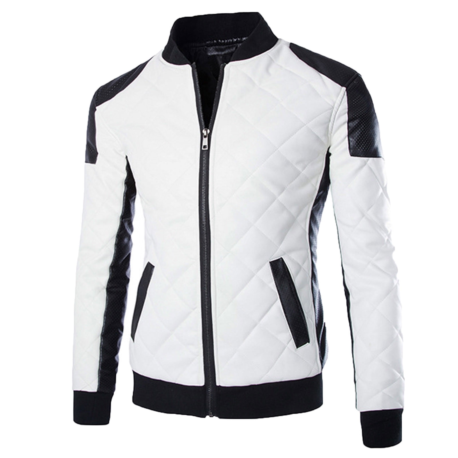 YODETEY Men Casual Color Matching Leather Stand-Up Collar Zipper Jacket Coats White 6(L)