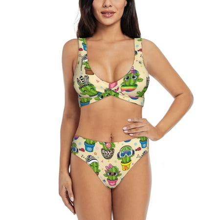 Zeuib Cute Cartoon Cactus High Waisted Tummy Control Bikini Set - Knot Front Push Up Top & Cheeky Thong Bottom  Two-Piece Swimsuit for Women-Small