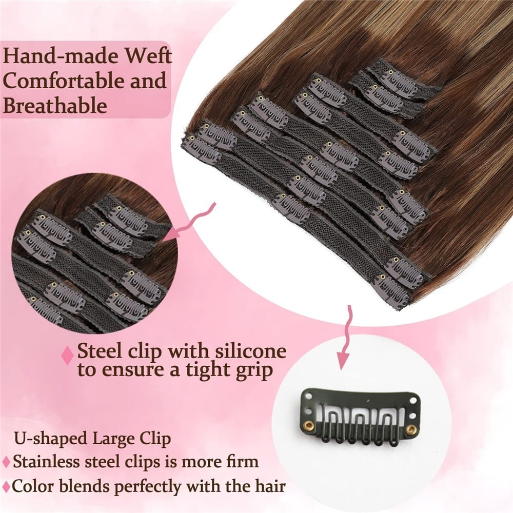 Clip In Hair Extensions Remy Human Hair 16-26 Inch #P4/27 Medium Brown Mixed Dark Blonde Clip In Silk Stright Remy Hair Extensions 120g 8Pcs