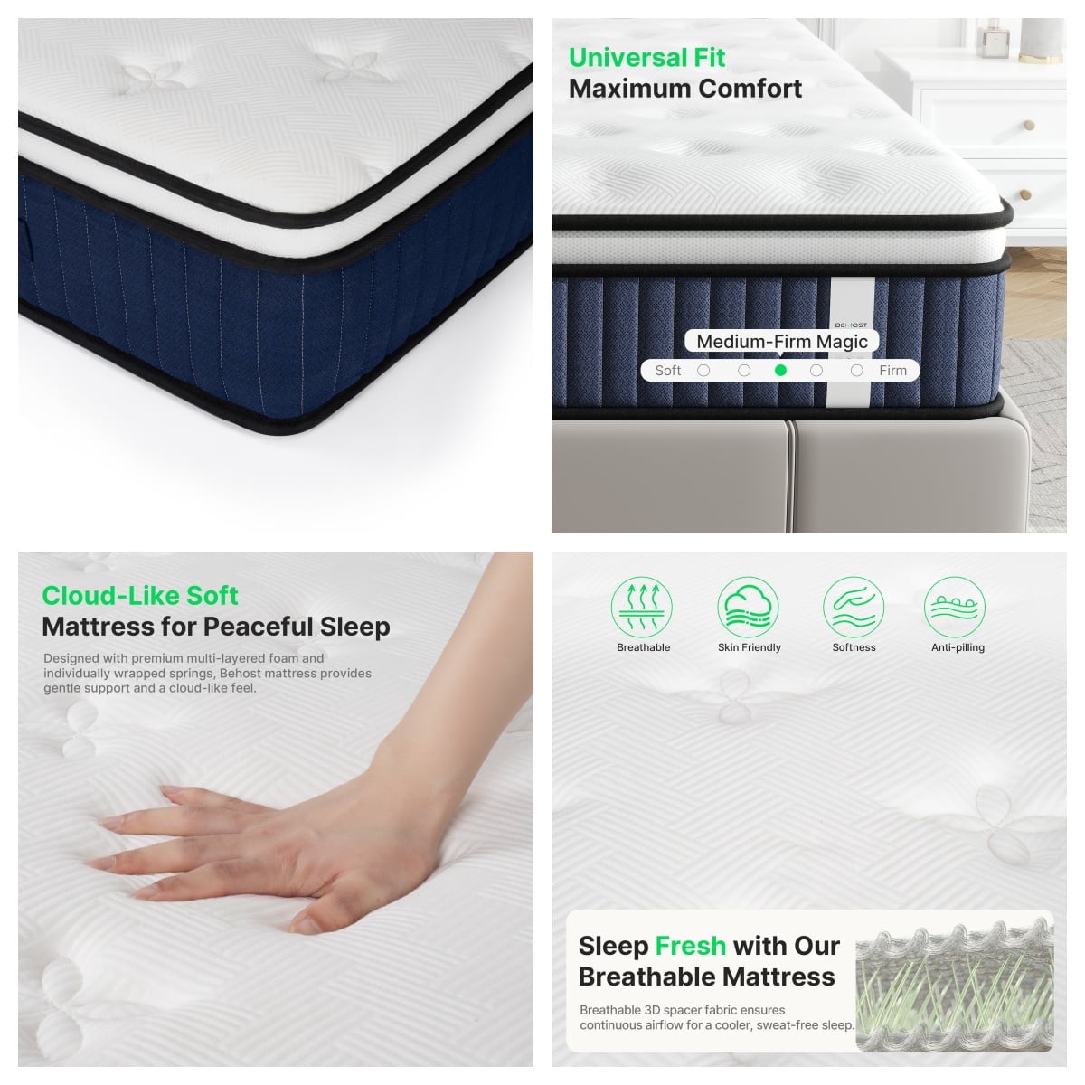 Behost 12 inch Queen Mattress in a Box, Euro Top Pocket Springs Mattress with 8-layer Support for Adults, Pressure Relief