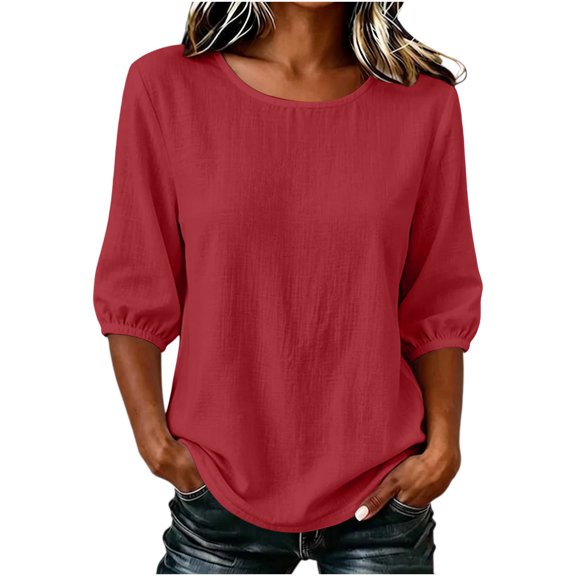 Drses Women 3/4 Sleeve Cotton Linen Blouse, Round Neck Loose Flowy Casual Tunic Shirts Summer Beach Vacation Tops 2026
