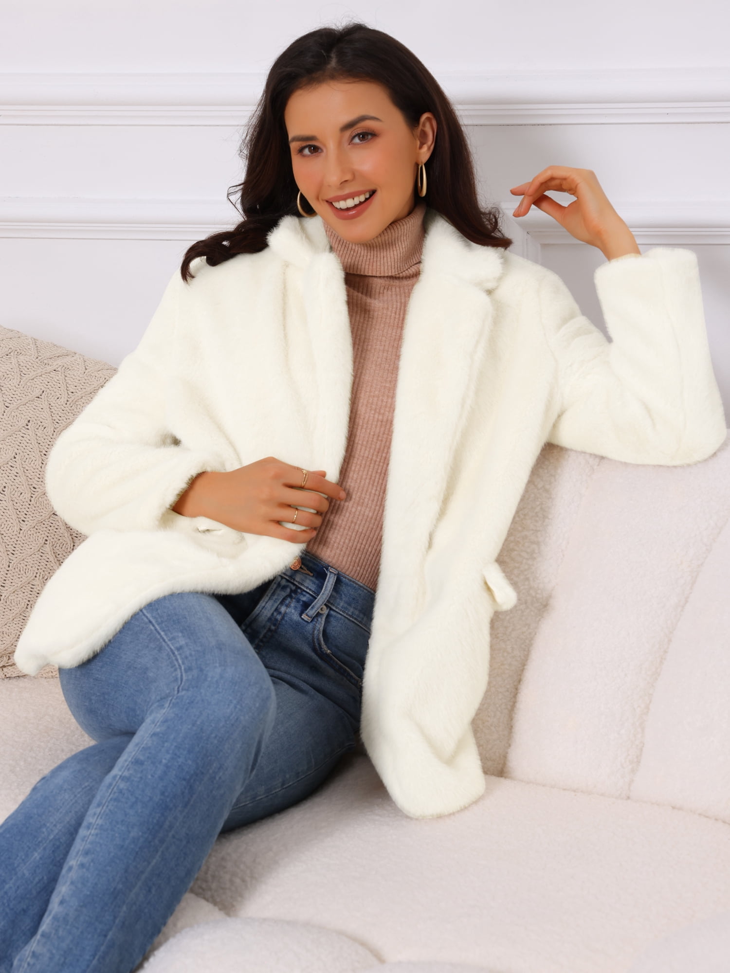 DARING DIVA Women's Faux Fur Coat Open Front Notch Lapel Jacket M Beige