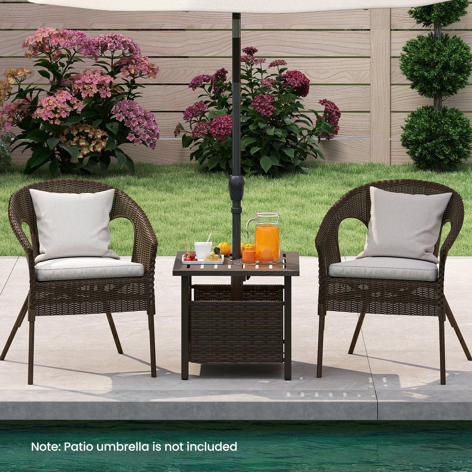 Topbuy Outdoor Side Table with 1.93" Umbrella Hole All-Weather PE Wicker Patio Umbrella Table with Rustproof Frame