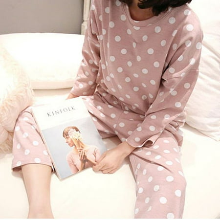 

Women Pajama Set Dot Print Long Sleeve Cotton Tops Pants Trouser Sleepwear Pink