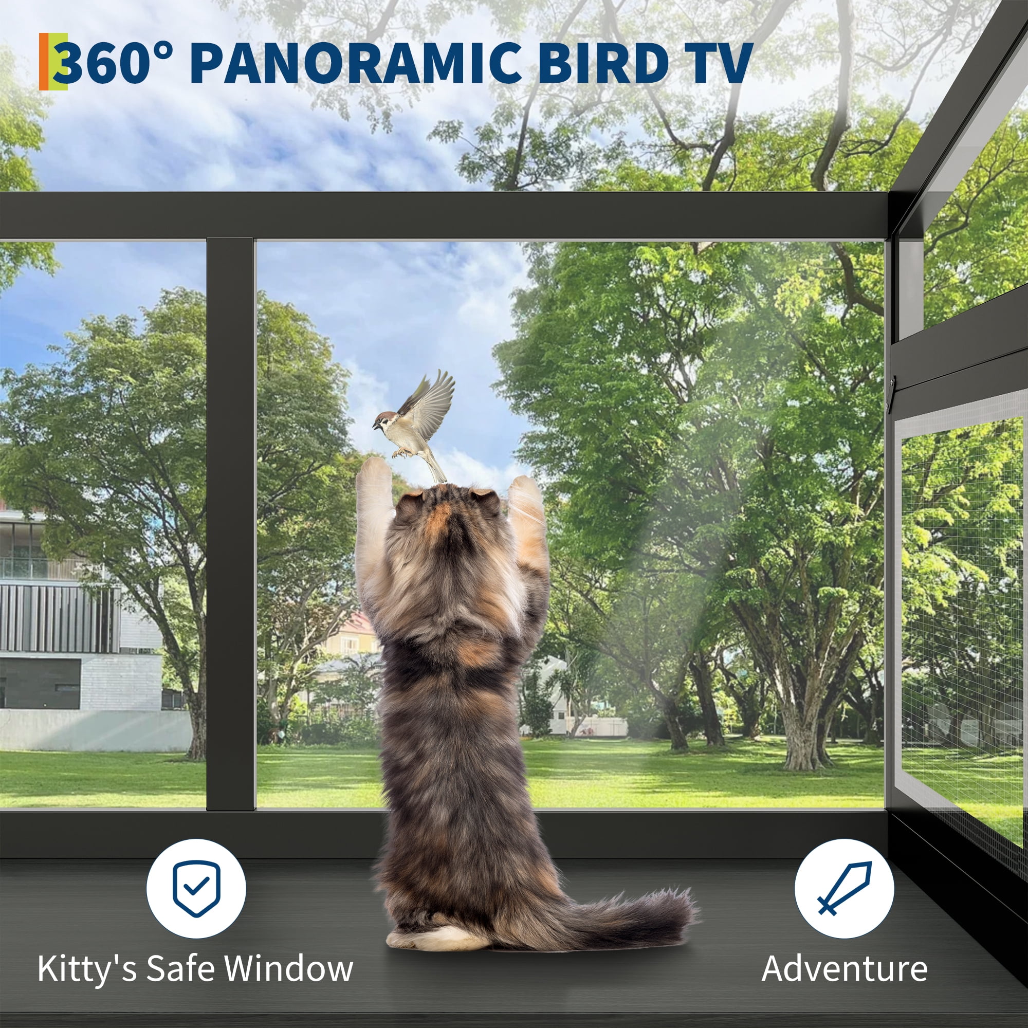 Weatherproof Cat Window Box Enclosure for Indoor Cats, Clear View Outdoor Cat House, Sturdy Wooden Window Perch for Sunbathing & Birdwatching, Fits 24"-38" Windows, Black