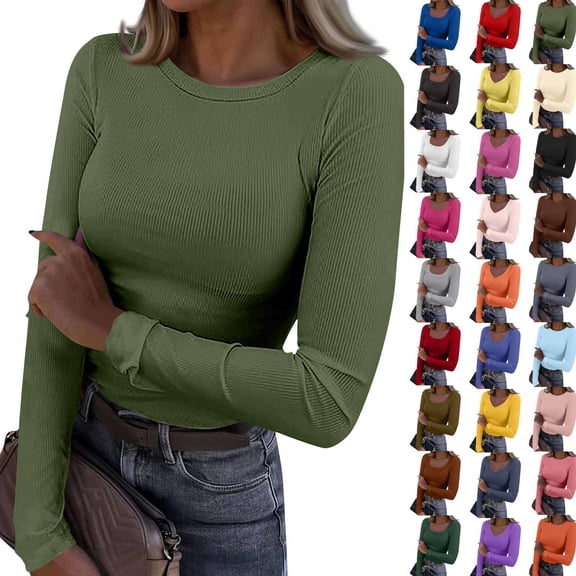 Womens Long Sleeve Stretch Crewneck Ribbed T-Shirt Slim Fit Casual Basic Tops Army Green S