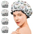 thumbnail image 7 of Shower Caps,White Dinosaurs Skeletons Pattern Waterproof Shower Cap for Women 4 Pieces,Double Reusable Hair Cover for Shower PEVA Elastic Stretch Hem, 7 of 7