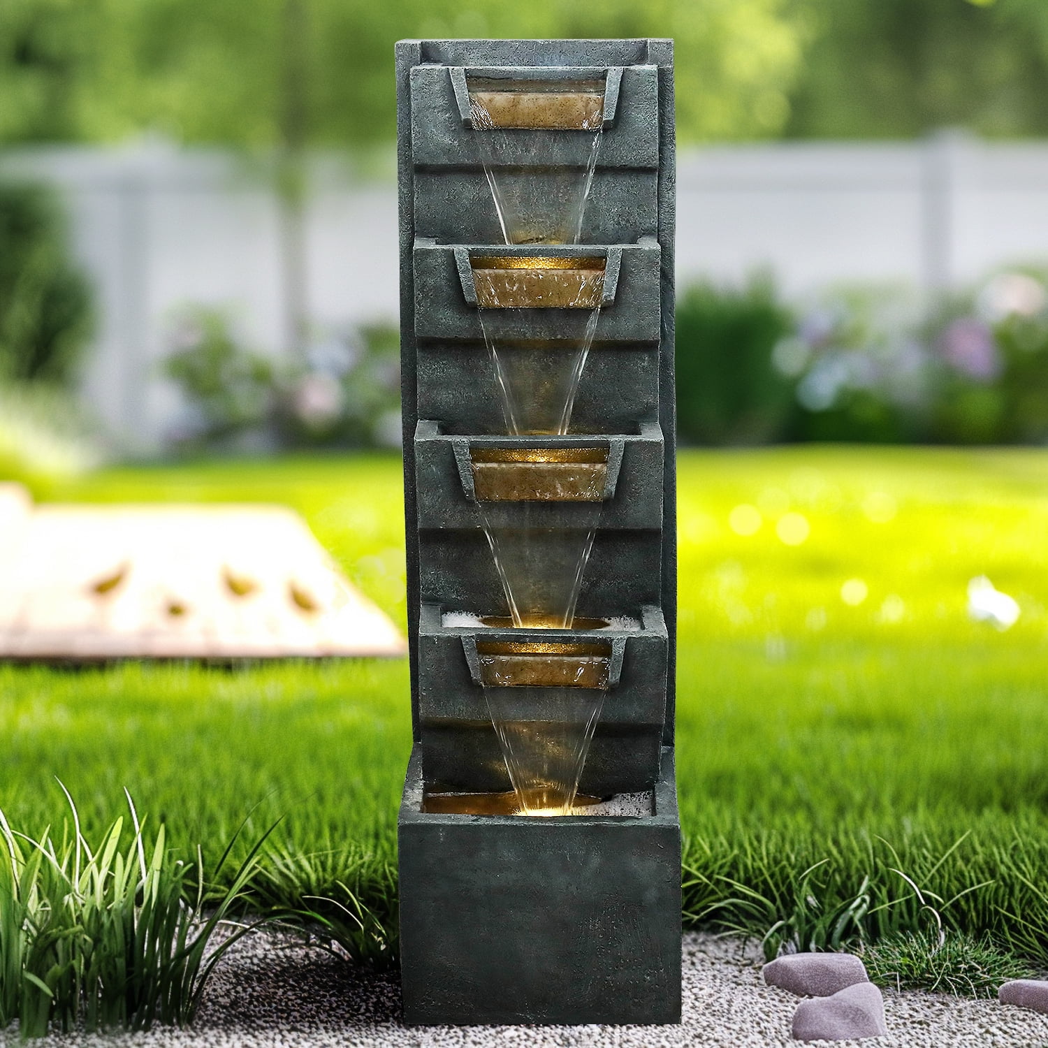 39.3in H Modern Outdoor Water Fountain Indoor Cascading Floor-Standing Fountains with Led Lights Garden Waterfall for Backyard Patio Porch Deck Home Decor