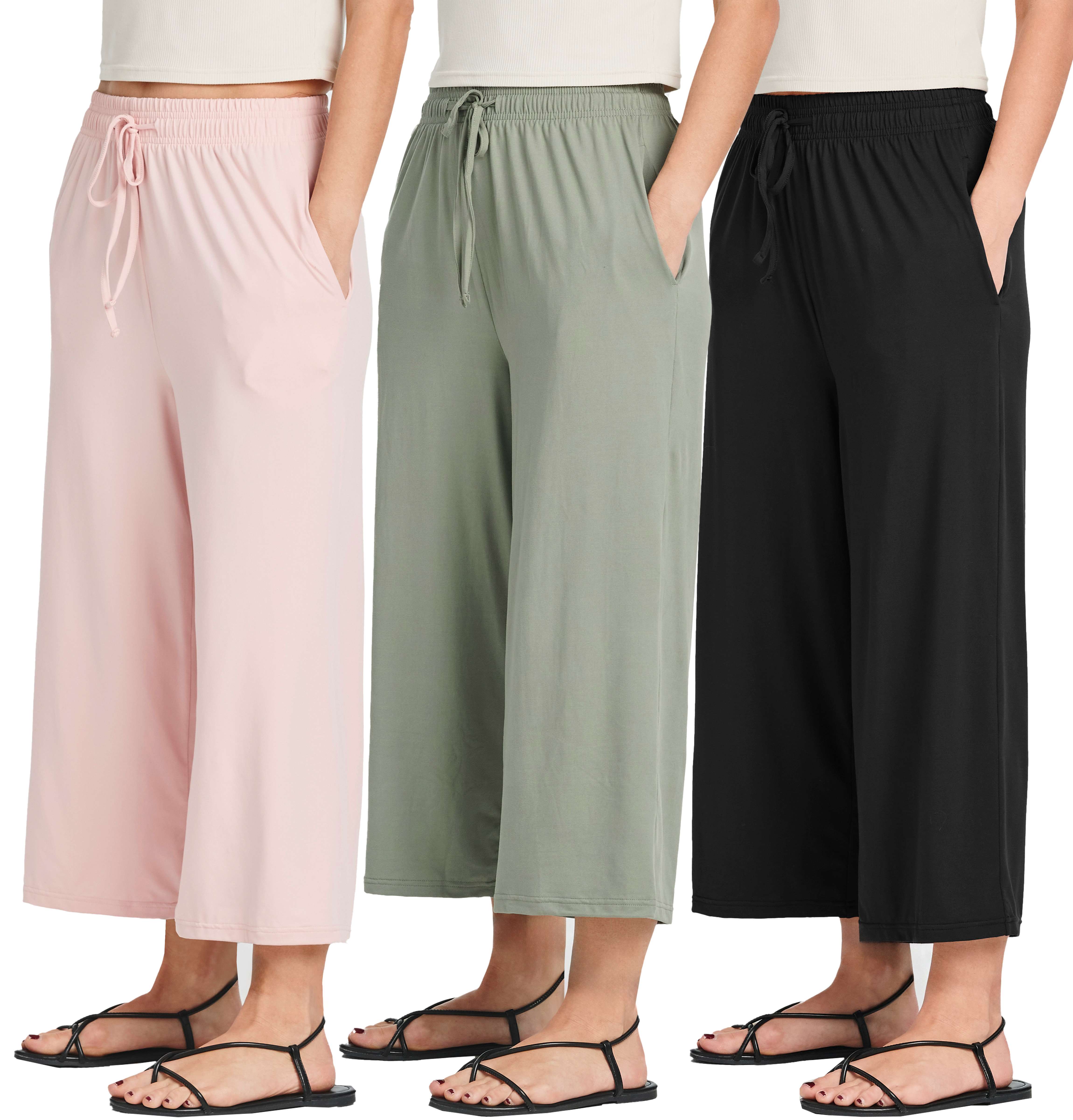Real Essentials 3 Pack: Women's Ultra-Soft Wide Leg Loose Capri Open Bottom Pants - Yoga Lounge Pockets(Available in Plus)