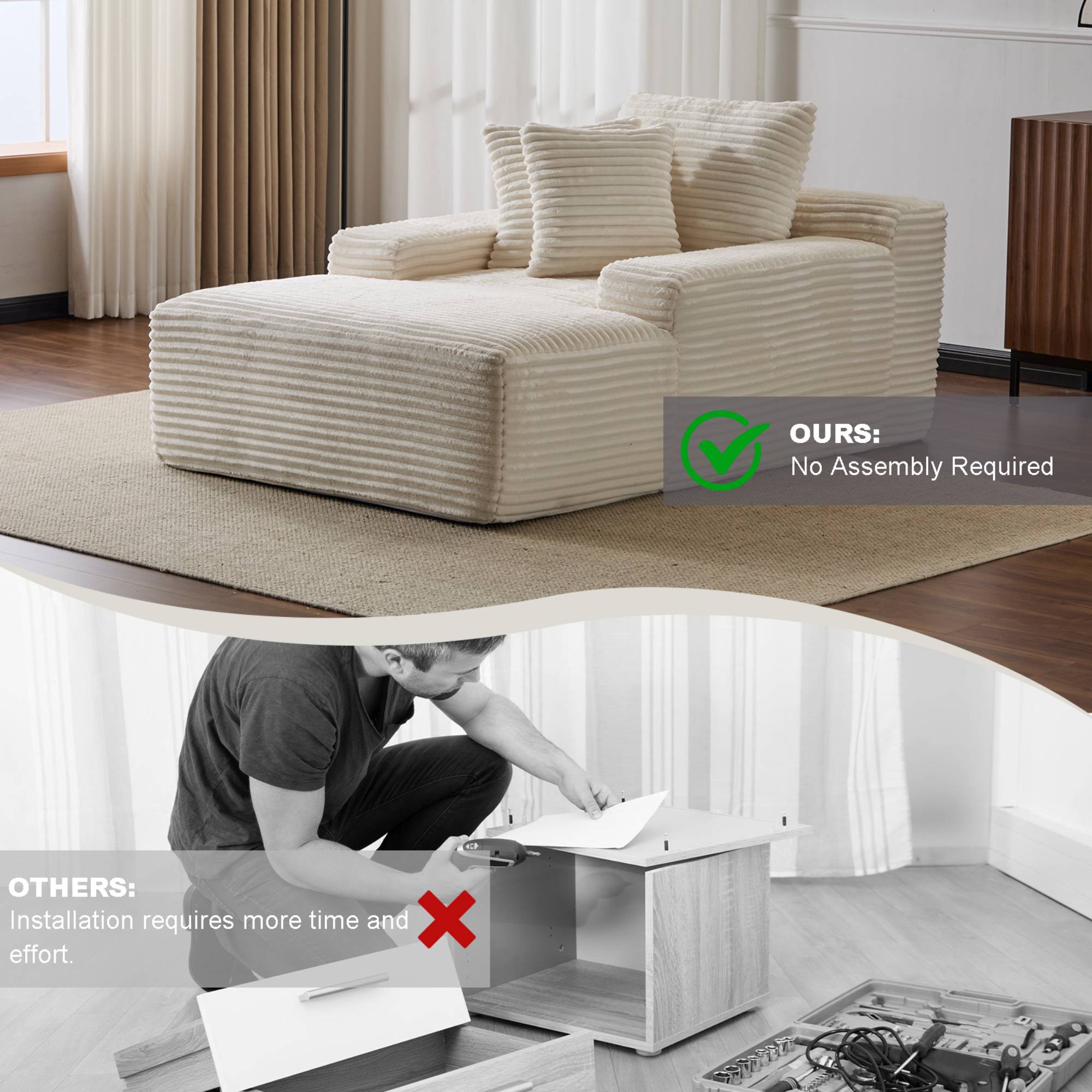 Oversized Chaise Lounge Sofa Chair, Comfy Cloud Sofa Bed, Sleeper Couch with Throw Pillows or Living Room, White